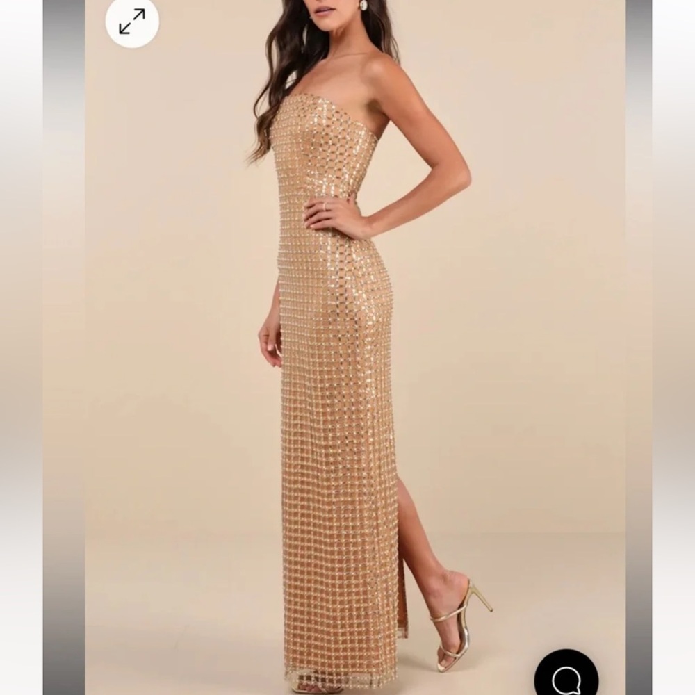 Lulus Gold Sequins/beaded Strapless Maxi Dress Size L